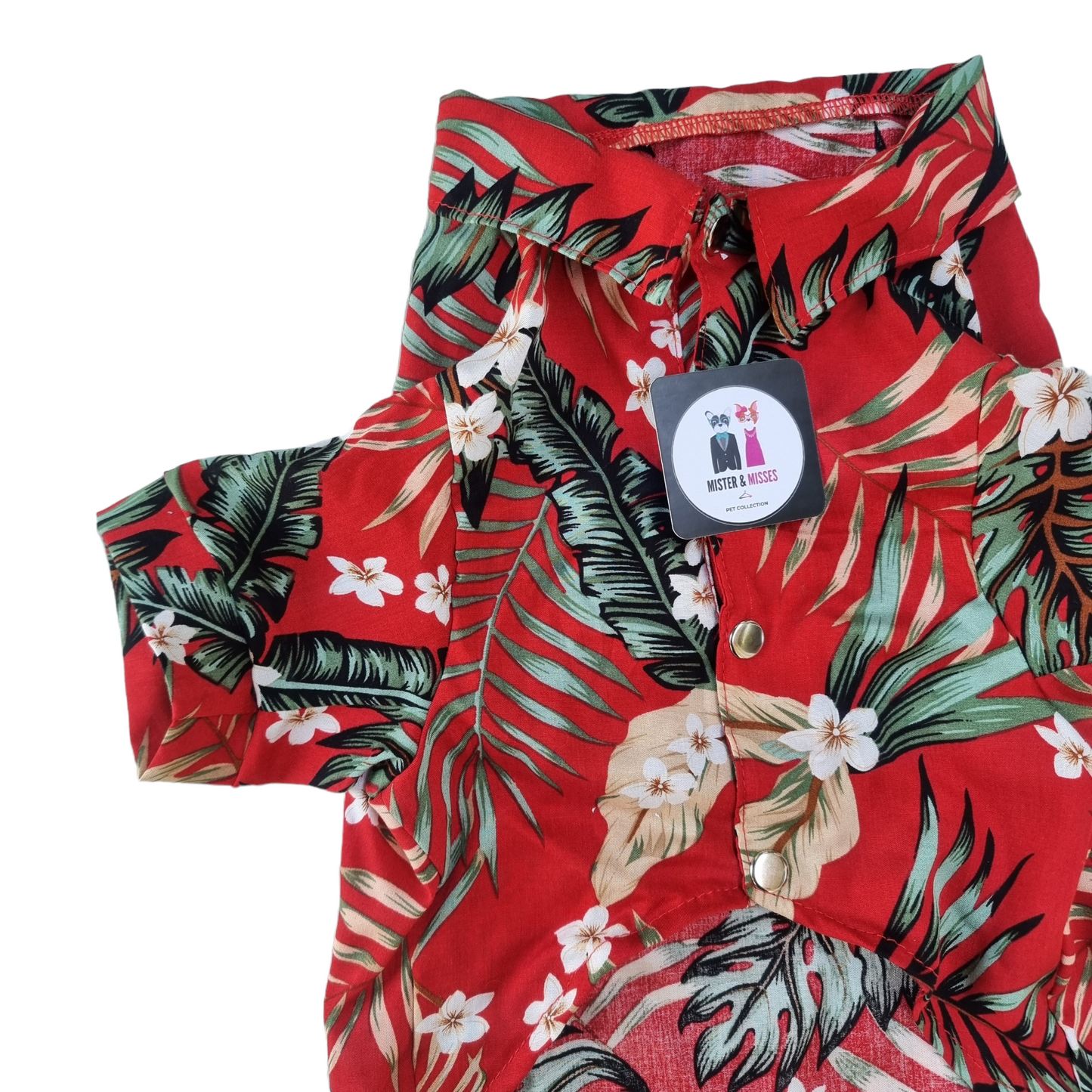 Camisa para perro estampada tropical en color rojo de Mister And Misses Pet. Con broches en la parte frontal