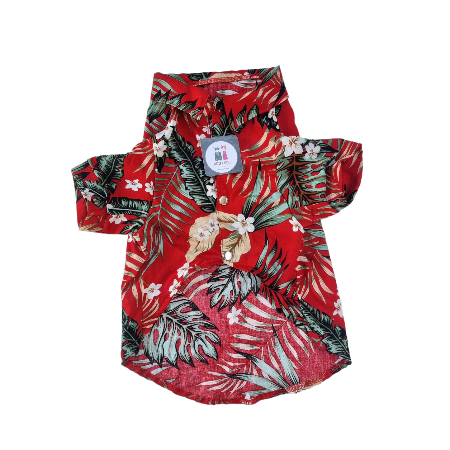 Camisa para perro estampada tropical en color rojo de Mister And Misses Pet. Con broches en la parte frontal